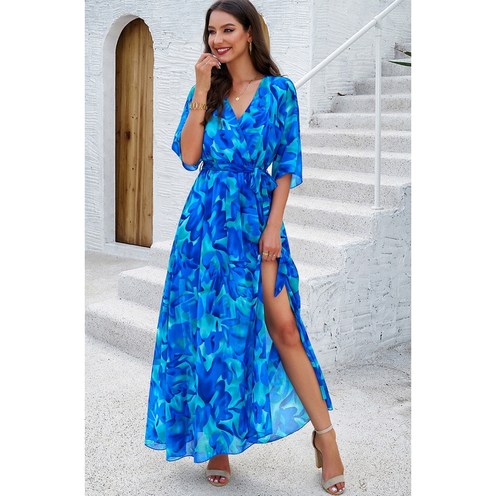 Blue Printed Half Slit Dress
